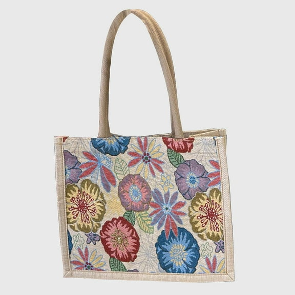 Women's Floral Sackcloth Tote Bag - Lightweight Handbag - Style C