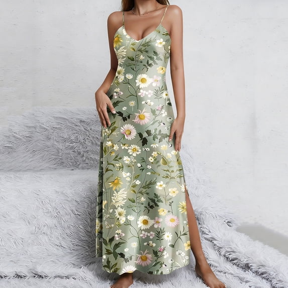 Women's Floral Satin Maxi Dress Spaghetti Strap Backless Side Slit Long Cami Dress Elegant Evening Cocktail Party Wedding Guest Formal Occasion Wear