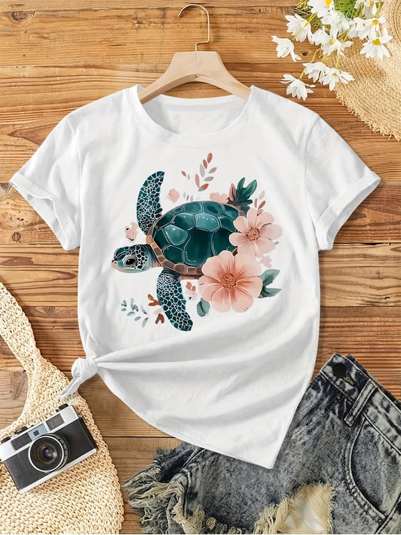 Women's Floral Sea Turtle Graphic T-Shirt Watercolor Ocean Wildflower Turtle Casual Summer Tee