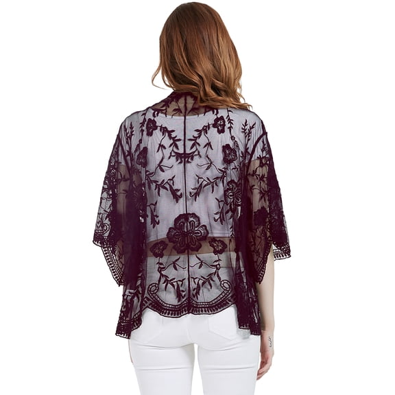 Women's Floral Sheer Lace cover up Loose Kimono Cardigan Capes, Burgundy, One Size