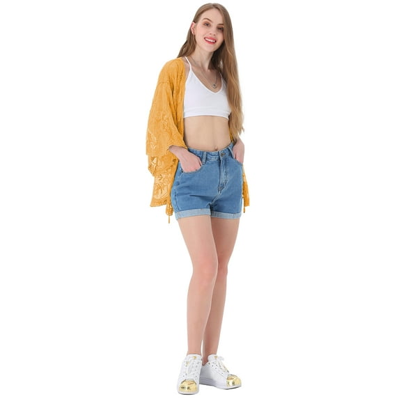 Women's Floral Sheer Lace cover up Loose Kimono Cardigan Capes, Yellow, One Size