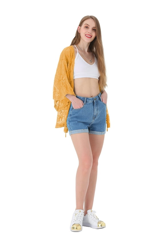 Women's Floral Sheer Lace cover up Loose Kimono Cardigan Capes, Yellow, One Size