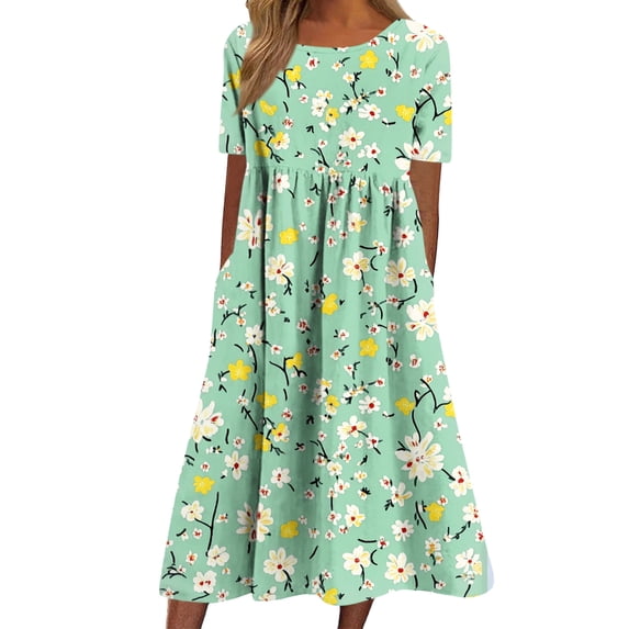 Women's Floral Short Sleeve Dress Casual Crew Neck T-Shirt Dress with Pockets Summer Midi Dresses