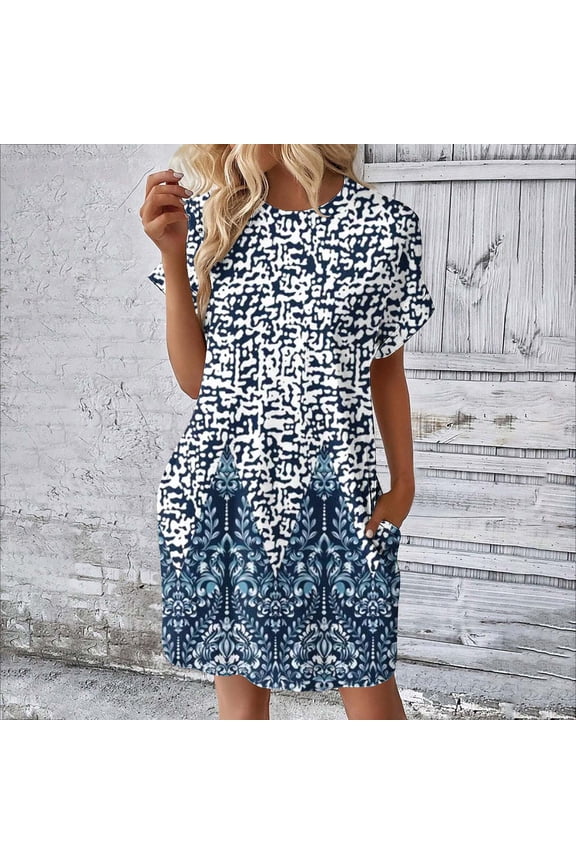 Women’s Floral Short Sleeve Swing Dress Casual Summer A Line Tank Dress Navy XL