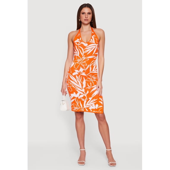 Women's Floral Side Slit Halter Midi Dress
