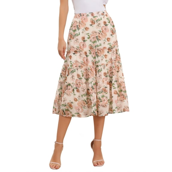 INSPIRE CHIC Women's Floral Skirt Elastic High Waist Ankle Length Chiffon A-Line Skirt XS Apricot
