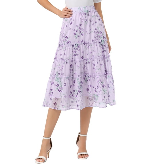 INSPIRE CHIC Women's Floral Skirt Elastic High Waist Ankle Length Chiffon A-Line Skirt XS Purple Floral