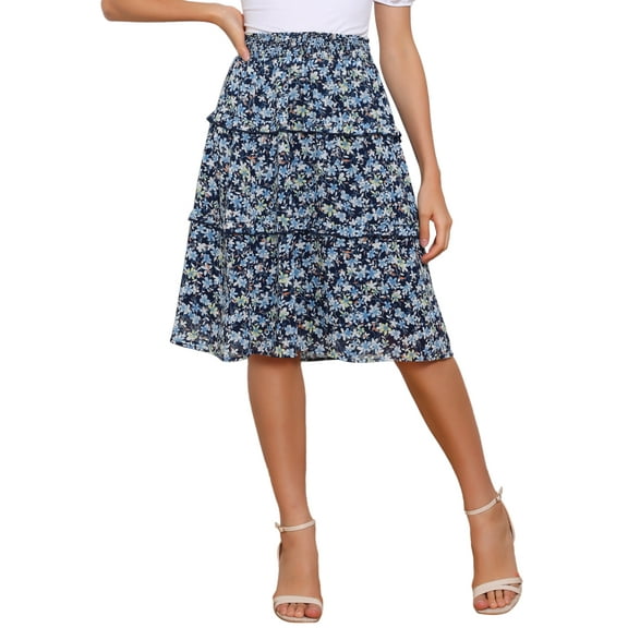 INSPIRE CHIC Women's Floral Skirts Summer Chiffon Smocked Elastic Waist A-Line Below Knee Length Ruffle Tiered Skirt M Navy