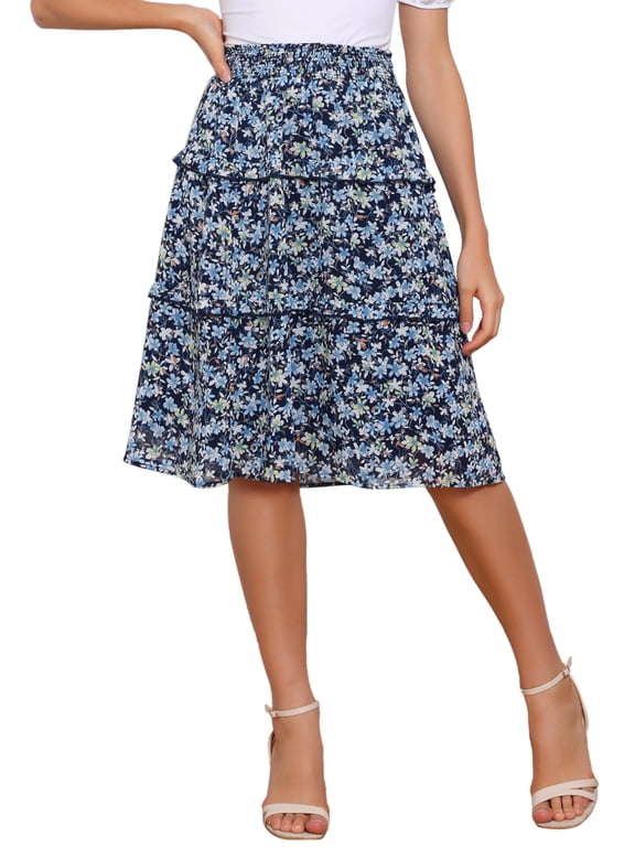Women's Floral Skirts Summer Chiffon Smocked Elastic Waist A-Line Below Knee Length Ruffle Tiered Skirt M Navy