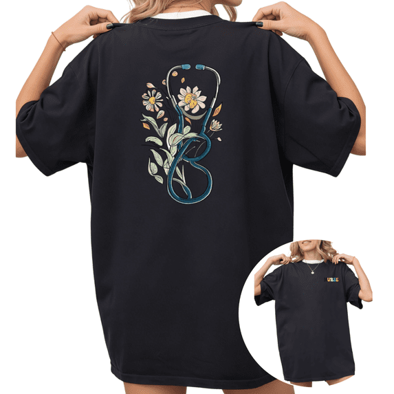 Women's Floral Stethoscope Nurse Back Print Graphic Comfortable Cotton Tee Short Sleeve Round Neck Top Black S-5XL
