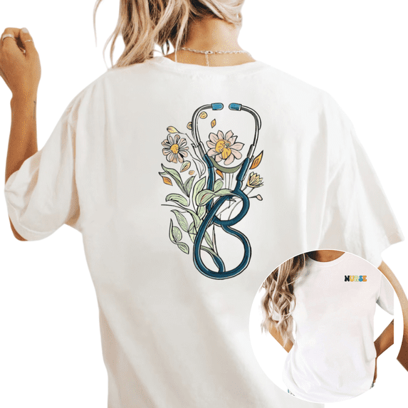 Women's Floral Stethoscope Nurse Back Print Graphic Comfortable Cotton Tee Short Sleeve Round Neck Top White S-5XL