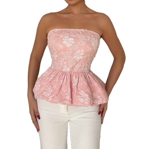 Women's Floral Strapless Peplum Top - Embroidered Lace Crop Top with Ruffled Hem, Summer Casual & Romantic Date Outfit 2025