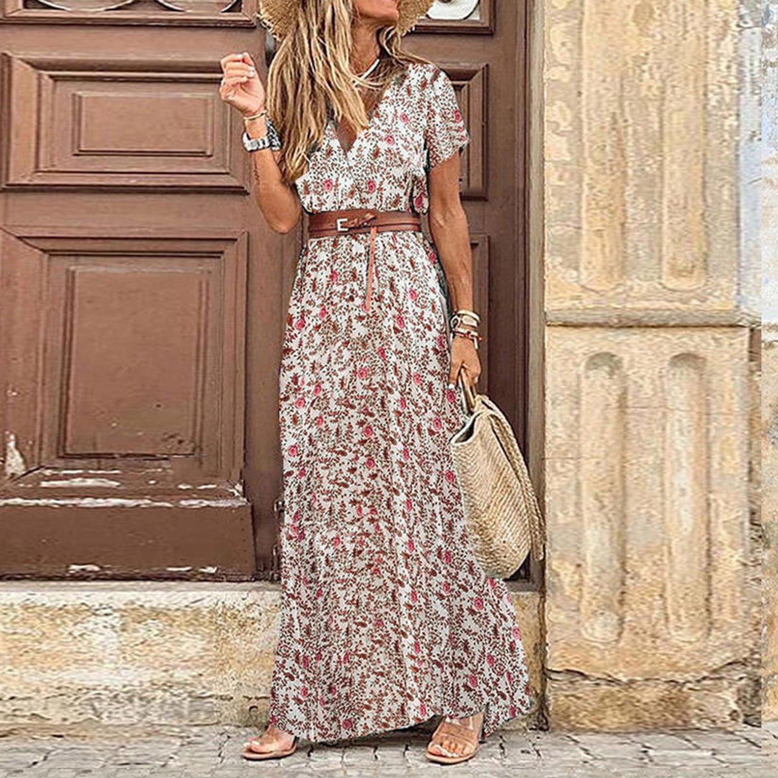 Women s Floral Summer Dress Belted Ruffle A Line Bohemian Maxi Dresses Wrap Loose Midi Dress Casual Style Flower Printed Chiffon Dress Walmart