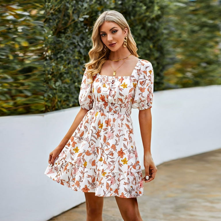 Women's Floral Summer Dress Belted Ruffle Casual Style Wrap Loose