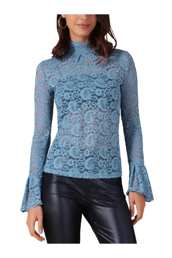 Women's Top Floral Lace Mesh Sheer Crew Mock Neck Casual Tops XS Blue
