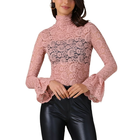 INSPIRE CHIC Women's Top Floral Lace Mesh Sheer Crew Mock Neck Casual Tops XS Pink