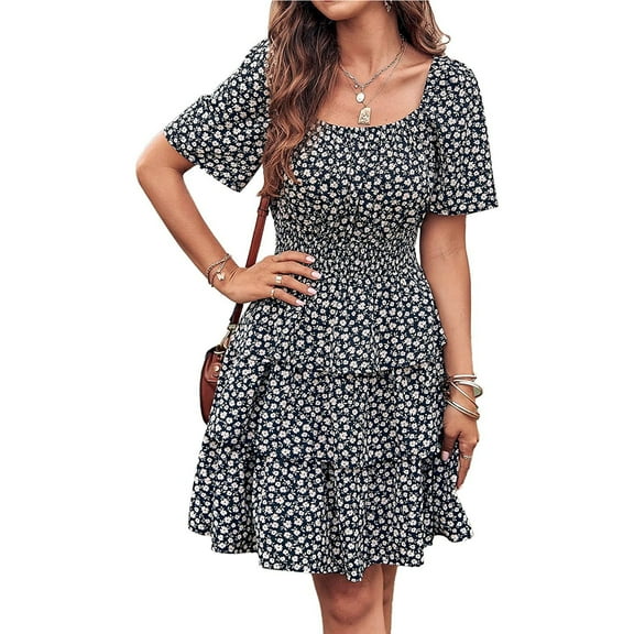 Women's Floral Summer Short Dress Casual Boho Square NeckSmocked Tiered Ruffle Party Dress
