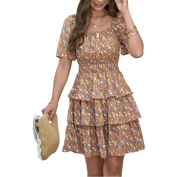 Women's Floral Summer Short Dress Casual Boho Square NeckSmocked Tiered Ruffle Party Dress