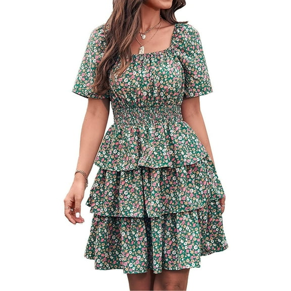 Women's Floral Summer Short Dress Casual Boho Square NeckSmocked Tiered Ruffle Party Dress