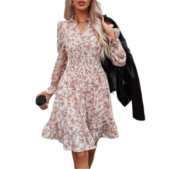 Women's Floral Surplice Long Sleeve Dress with Ruffle Hem for Party and Everyday Wear 100% Polyester Fabric Collection