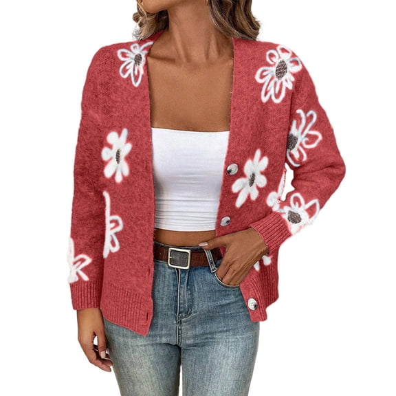 Women's Floral Sweater Cardigan Flower Printed Button Down V Neck Drop Shoulder Long Sleeve Knit Outerwear Sweaters (S, Red)