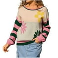 thumbnail image 1 of Women's Floral Sweater Crewneck Long Sleeve Color Block Knit Pullover Tops Green L, 1 of 9