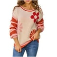 thumbnail image 1 of Women's Floral Sweater Crewneck Long Sleeve Color Block Knit Pullover Tops Orange S, 1 of 9