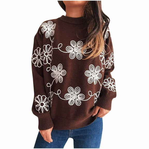 Women's Floral Sweater Mock Neck Long Sleeve Panel Knit Pullover Top Brown S