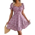 thumbnail image 1 of Women's Floral Sweetheart Neck Flounce Sleeve Mini Dress Chic Romantic Vacation Style Short Sleeves Lined 100% Polyester, 1 of 8
