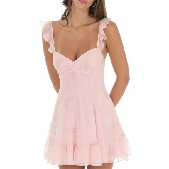 Women's Floral Sweetheart Ruffled Cami Mini Dress with Ties and Cutout Lined 100% Polyester Flowing Silhouette
