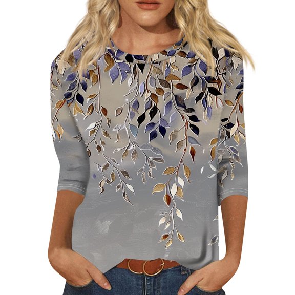 Women's Floral T-Shirt Packable Travel Top Comfy Commuting Wear, Spring Tops for Women 3/4 Sleeve Print Round Neck T-Shirts Shirts ​Floral ​3/4 ​Womens Casual ​Quarter Purple 3Xl