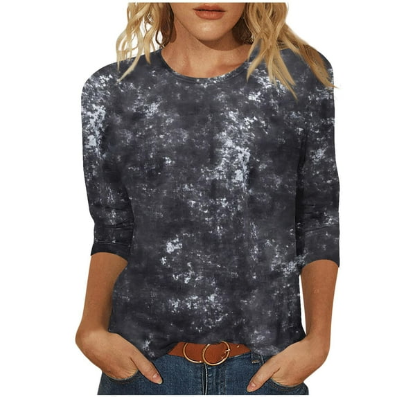 Women's Floral T-shirts Loose Plus Size Casual 3/4 Sleeve Tops Flowers Print Graphic Tees Summer Fall Tshirts (XL, Dark Gray)