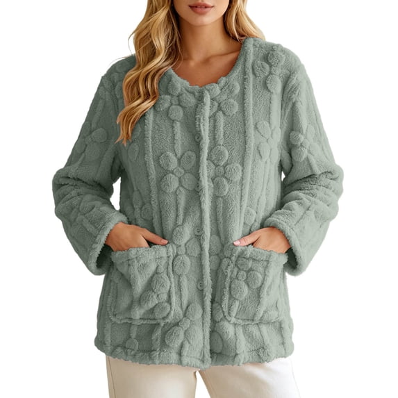 Women's Floral Textured Bed Jacket Long Sleeve Button Front Lounge wear Coat With Pockets (Green XL)