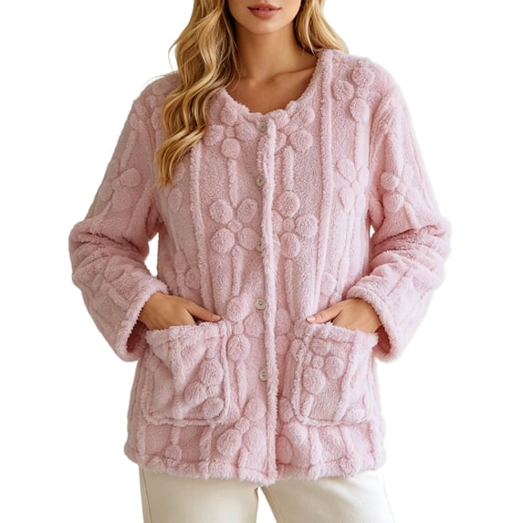 Women's Floral Textured Bed Jacket Long Sleeve Button Front Lounge wear Coat With Pockets (Pink XL)