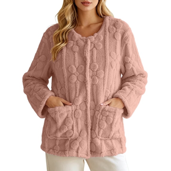Women's Floral Textured Bed Jacket Long Sleeve Button Front Lounge wear Coat With Pockets (Rose Gold L)