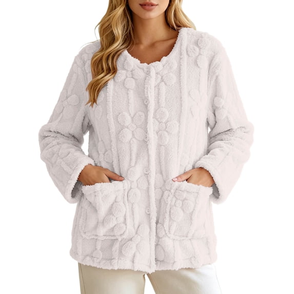 Women's Floral Textured Bed Jacket Long Sleeve Button Front Lounge wear Coat With Pockets (White M)