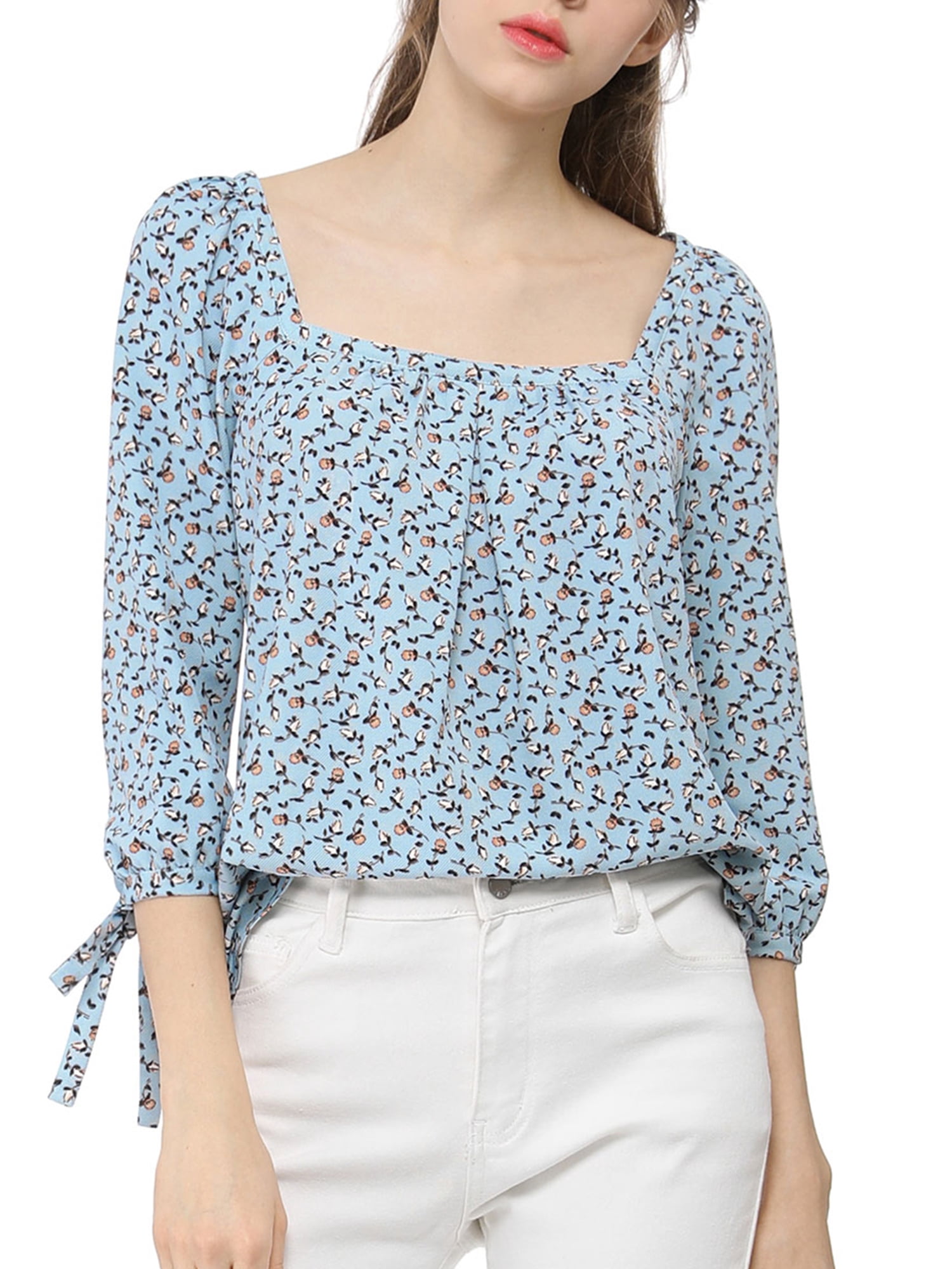 Women's Floral Tie Cuffs 3/4 Sleeves Square Neck Blouse
