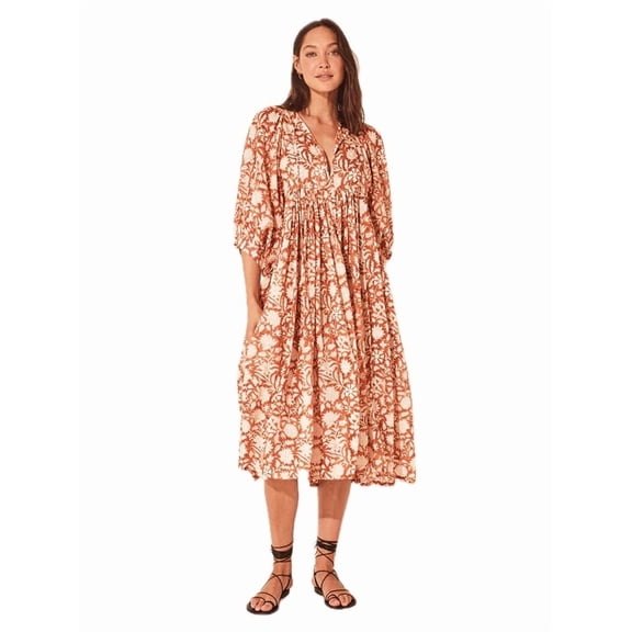 Women's Floral Tie Neck Lantern Sleeve Midi Dress 100% Rayon Fabric for Effortless Everyday Chic and Stylish Weekend