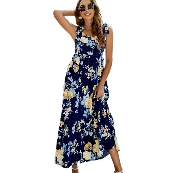 Women's Floral Tie-Shoulder Sleeveless Midi Dress V-Neck Casual Vacation Style Polyester 100% Ideal for Everyday