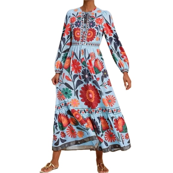 Women's Floral Tie Waist Long Sleeve Dress 100% Polyester Elegant Everyday Wear Perfect for Casual and Dressy Chic