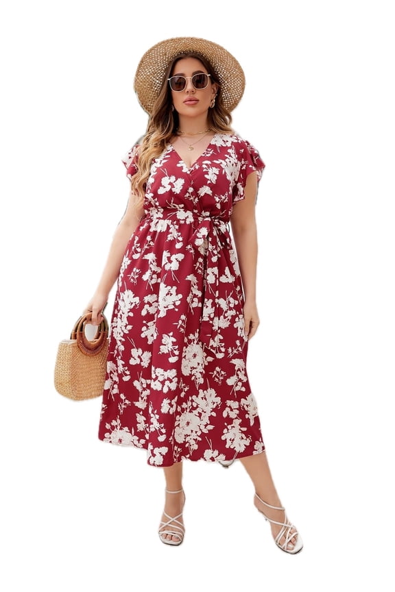 Women's Floral Tie Waist Surplice Neck Midi Dress Plus Size Flutter Short Sleeves A Line Hem 95% polyester 5% spandex
