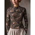 thumbnail image 1 of Women's  Floral  Top Mock Neck Long Sleeve Fitted Slim Fit Stretchy Sheer  for Fall Winter Layering Office Commute Date Night Outfits, 1 of 7