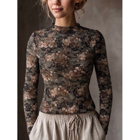 Women's Floral Top Mock Neck Long Sleeve Fitted Slim Fit Stretchy Sheer for Fall Winter Layering Office Commute Date Night Outfits