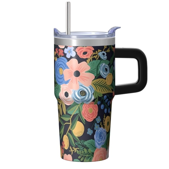 Women's Floral Travel Mug 20oz, Insulated Stainless Steel Tumbler with Handle and Straw, Leak-proof Lid, Coffee Cup Gift for Birthday