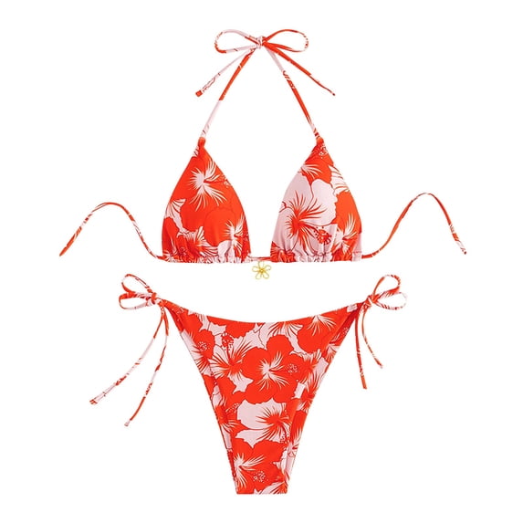 Women's Floral Triangle Thong Bikini Sets Halter Swimsuit Bathing Suit