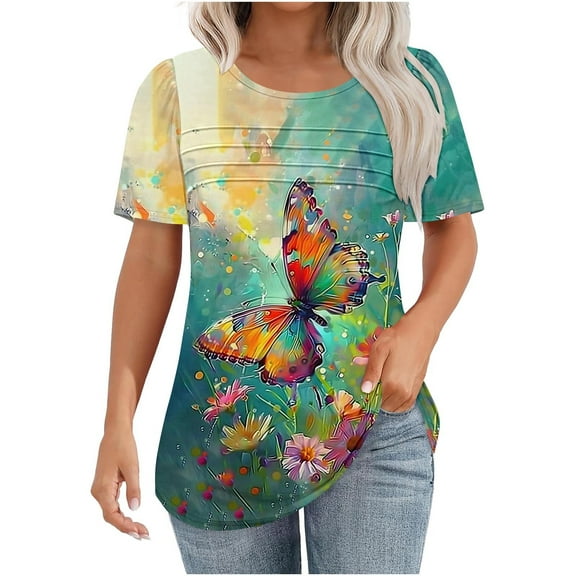 Women's Floral Tshirts Ladies Casual Short Sleeve Blouse Pleated Crewneck Tunic Top Comfy Basic Tee