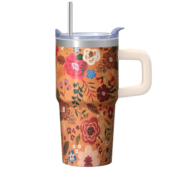 Women's Floral Tumbler 20oz - Stainless Steel Insulated Travel Mug with Handle and Straw, Leak-proof Lid, Flower Themed Cup Gift Idea