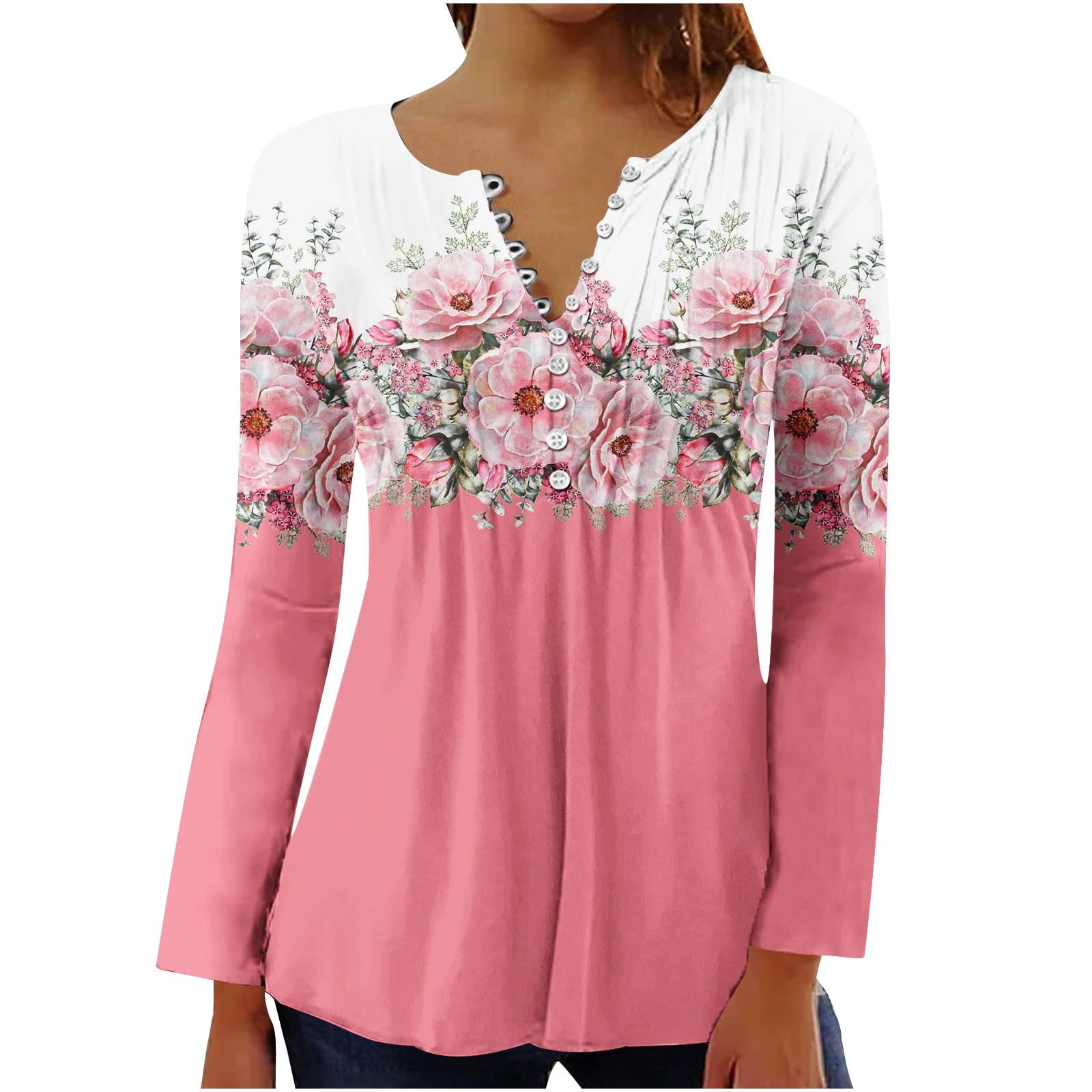 Women's Floral Tunic Tops Casual Blouse V Neck Long Sleeve Buttons Up T ...