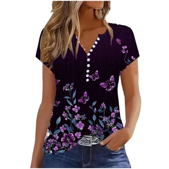 Women's Floral Tunic Tops Casual Blouse V Neck Short Sleeve Buttons Up T-Shirts Purple 3XL