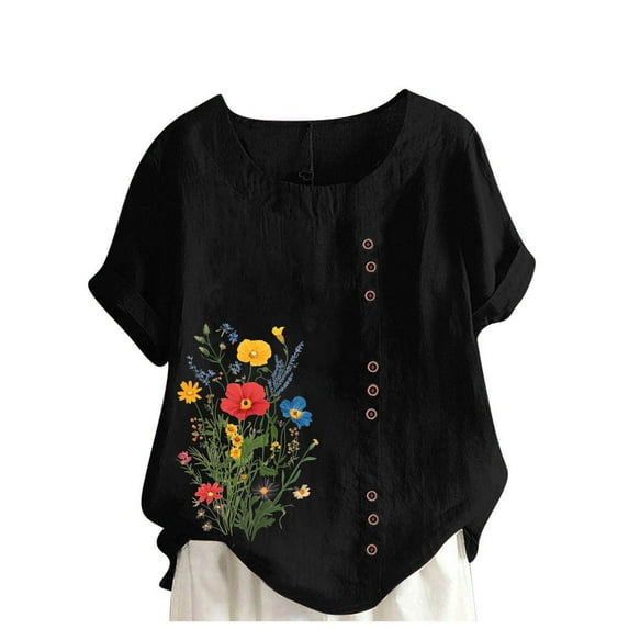 Women's Floral Tunic Tops Cotton Linen Blouses Rolled Sleeve Tee Button Down T-Shirts Plus Size Blouses Causal Classic Blouse Holiday Going Out Clothes